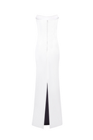 White strapless gown by Joanna Andraos, back view showing elegant fabric and fit, perfect for formal occasions.