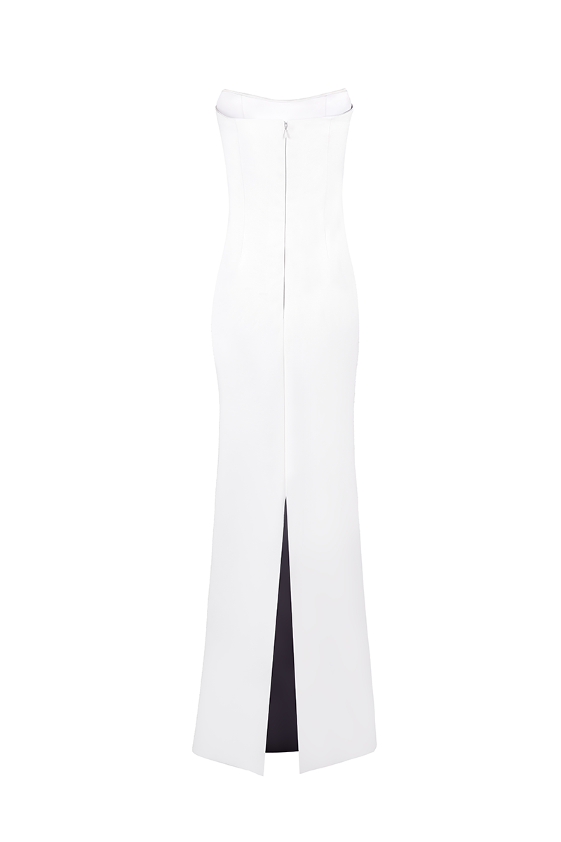 White strapless gown by Joanna Andraos, back view showing elegant fabric and fit, perfect for formal occasions.