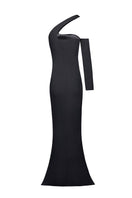 Joanna Andraos black gown with detachable sleeves, showing the back design and elegant silhouette on a mannequin.