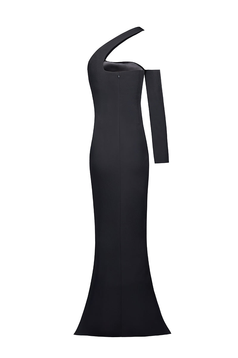 Joanna Andraos black gown with detachable sleeves, showing the back design and elegant silhouette on a mannequin.