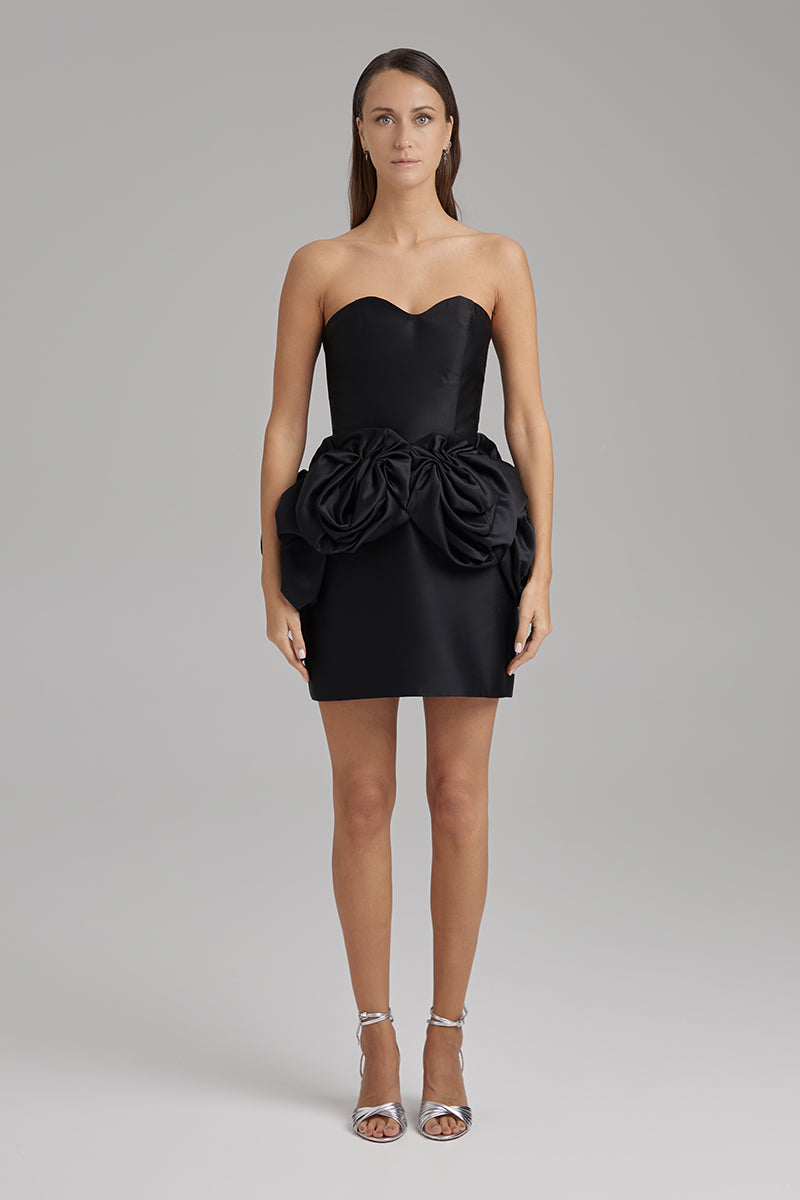 JUNO JET BLACK DRESS WITH ROSE WAIST SASH - CULT MIA