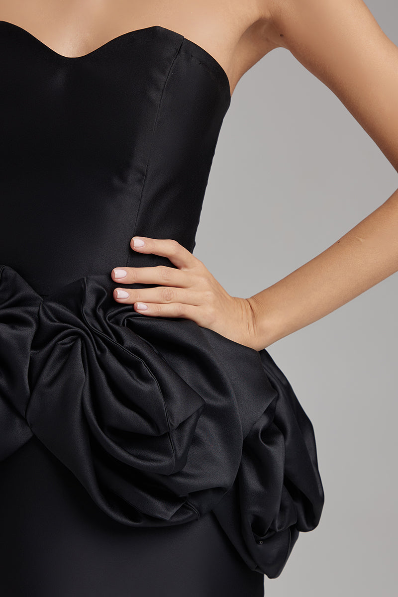 JUNO JET BLACK DRESS WITH ROSE WAIST SASH - CULT MIA