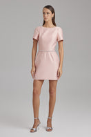 Pink LARA fondant mini dress with diamond belt by BAÉ, featuring a fitted silhouette and elegant design.