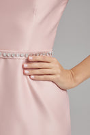 Pink Lara fondant mini dress with diamond belt by BAÉ, showcasing a stylish, fitted dress with elegant embellishments.