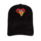 Black Bassigue rolling tongue embroidered cap showing the front with a bold embroidered tongue logo and adjustable strap