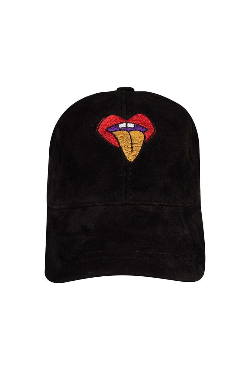 Black Bassigue rolling tongue embroidered cap showing the front with a bold embroidered tongue logo and adjustable strap