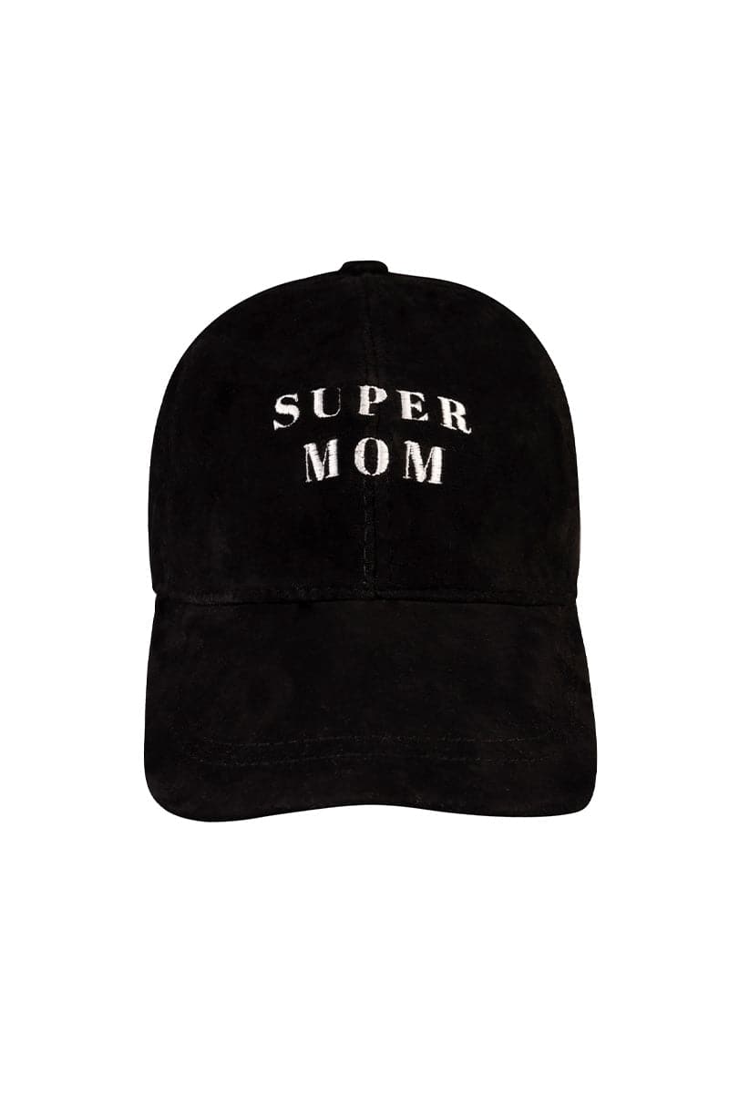 Black Bassigue Super Mom embroidered cap, adjustable one-size hats with stylish embroidered design on front.