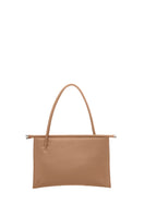 Behn New York Frida flat tote in almond pebble leather, showing the front view of the stylish shoulder bag.