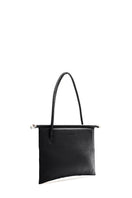 Black FRIDA flat tote shoulder bag by behno New York with pebble texture and sleek design, shown from a 3/4 angle.