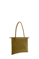 Olive green Frida flat tote shoulder bag by behno New York showing textured pebble leather and minimalist design.