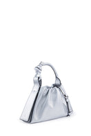 Silver Behno New York Tina Baguette Mini metallic ruched Saffiano top handle bag with a sleek, compact design.