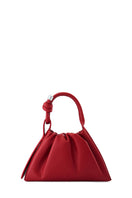 Red Tina Baguette Mini Nappa ruched top handle bag by behno New York, front view showing elegant design and compact size.
