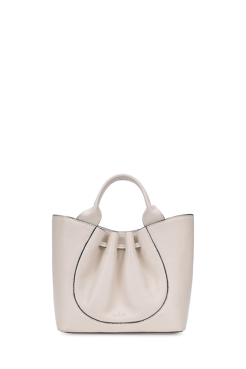 Behnó New York Katrina Mini Tote Pebble in Pumice shoulder bag with front view, soft pebble texture and compact design.