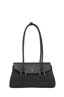 Black pebble leather shoulder bag from behno New York's Coco Baguette collection, featuring a sleek, compact design and adjustable strap.