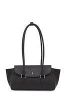 Black pebble leather shoulder bag by behno New York, featuring a sleek design and shoulder strap for stylish everyday use.