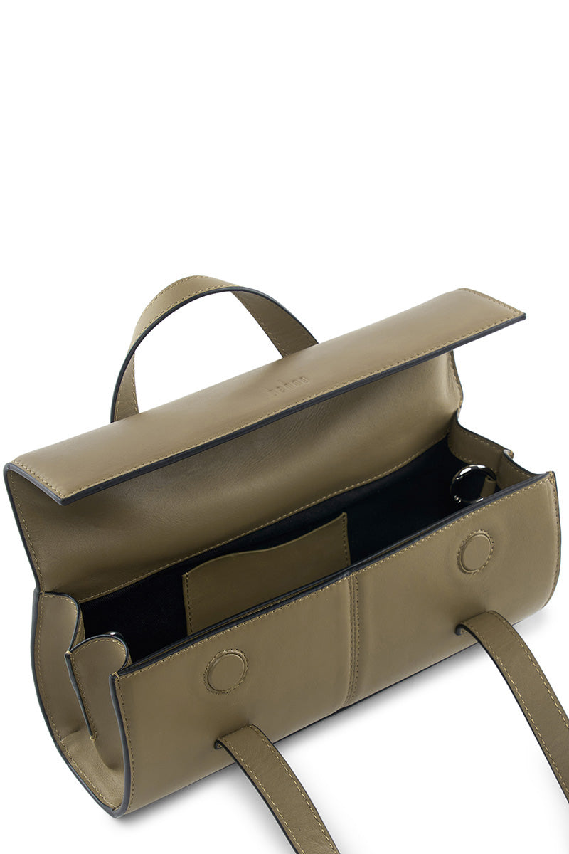 Behno New York Michelle mini crossbody bag in nappa palm leather with top handle and detailed close-up view.