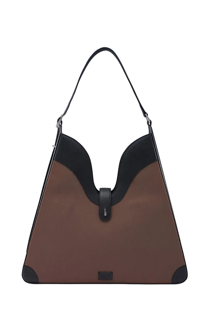 Behnо New York Melina shoulder bag in canvas with Cacao and Black color, featuring a stylish design and adjustable strap.