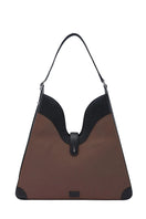 Behno New York Melina shoulder bag in beige canvas with black accents, featuring a sleek, modern design and adjustable shoulder strap.