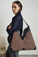 Behnо New York Melina shoulder bag in canvas with cacao and black color blocking, featuring a sleek, stylish design.