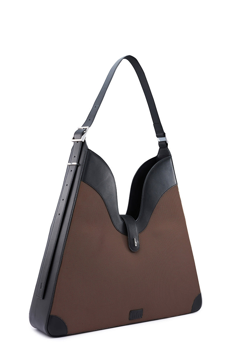 Behno New York Melina shoulder bag in canvas with cacao and black color-block design, featuring a sleek, structured style.