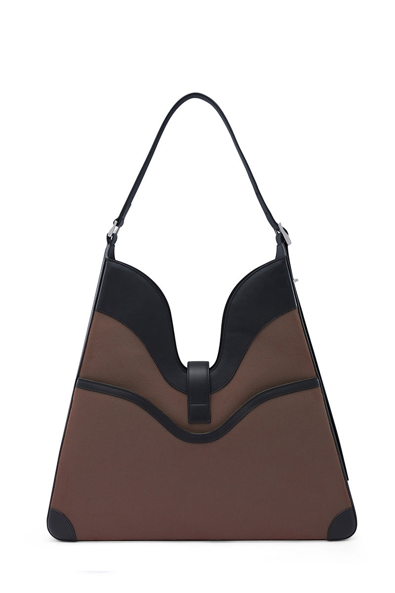 Behno New York Melina shoulder bag in canvas with cacao and black color blocks, featuring a sleek, modern design.