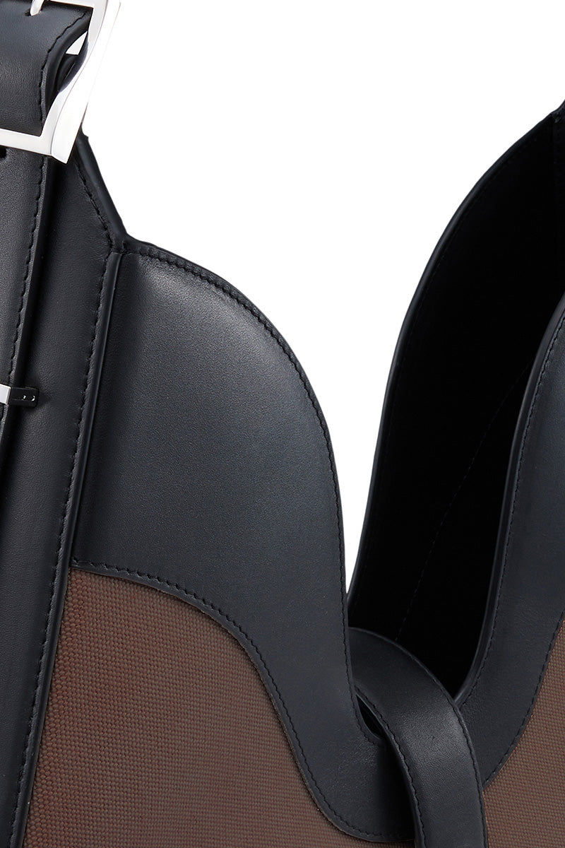 Behn New York Melina shoulder bag with canvas in cacao and black, featuring a sleek, stylish design and adjustable shoulder strap.