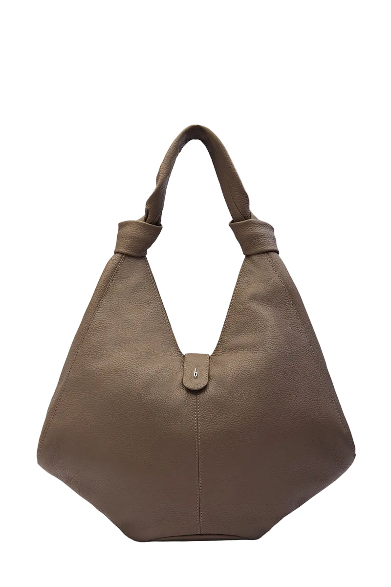Large taupe pebble leather shoulder bag from behno New York's Nelli Hobo collection, featuring a spacious design and sleek style.