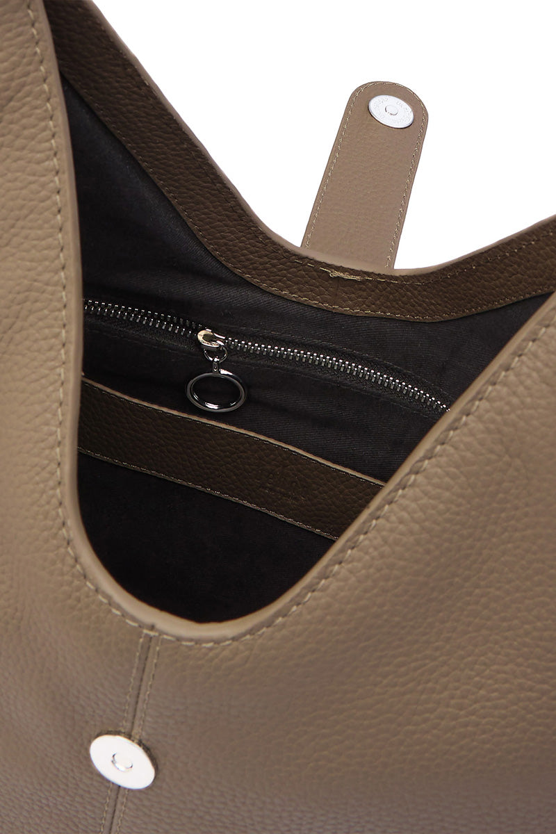 Large taupe Nelli Hobo shoulder bag by behno New York featuring pebble leather and a slouchy, casual design.