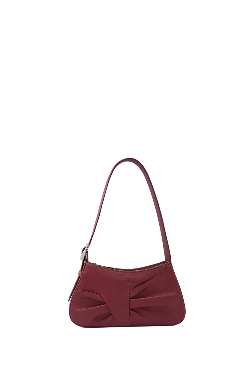 Behn0 New York Leena mini shoulder bag in brick-colored nappa leather with draped design.