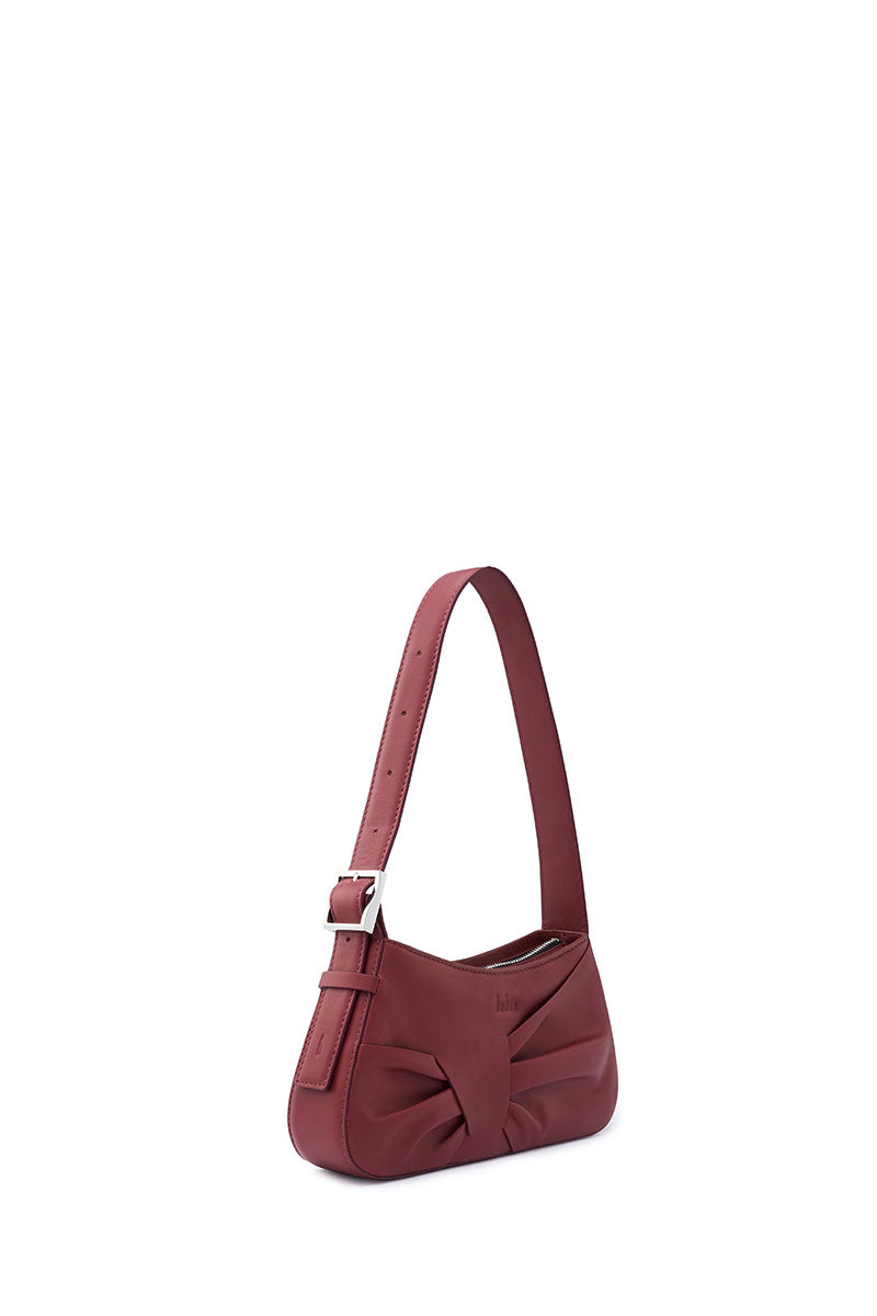 Behn0 New York Leena Mini Shoulder Bag in brick-colored nappa leather with draped design and compact silhouette.