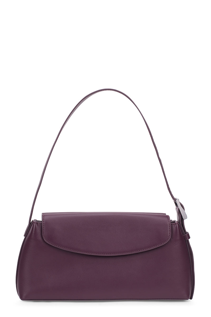 Back view of the behno New York Yara Baguette Crinkle Top Handle Bag in cherry color, showcasing its textured crinkle design.