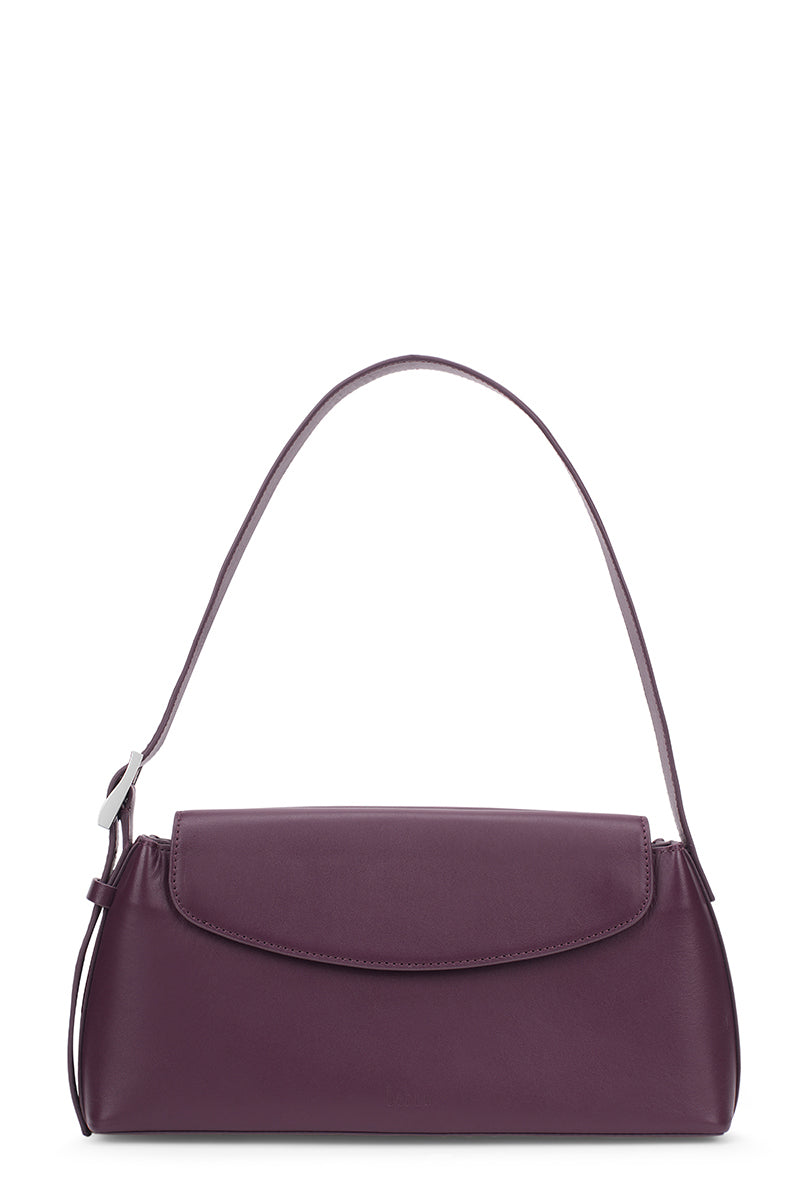 Behno New York Yara Baguette Crinkle Top Handle Bag in cherry color, front view showing textured surface and elegant design.