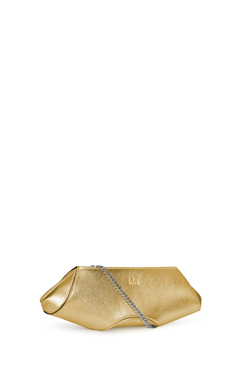 Gold Elizabeth Baguette mini clutch by behno New York, featuring a sleek, rectangular design with subtle texture and compact style.