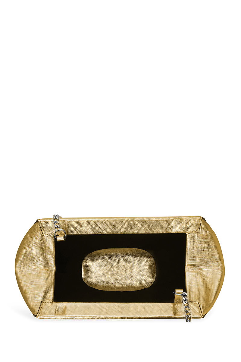 Gold Elizabeth Baguette Mini Clutch by behno New York with sleek design and compact shape, perfect for evening accessories.