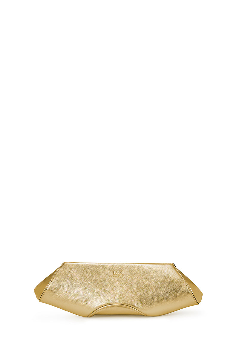 Gold Elizabeth Baguette mini clutch bag by Behno New York, featuring a sleek design and compact size, front view.