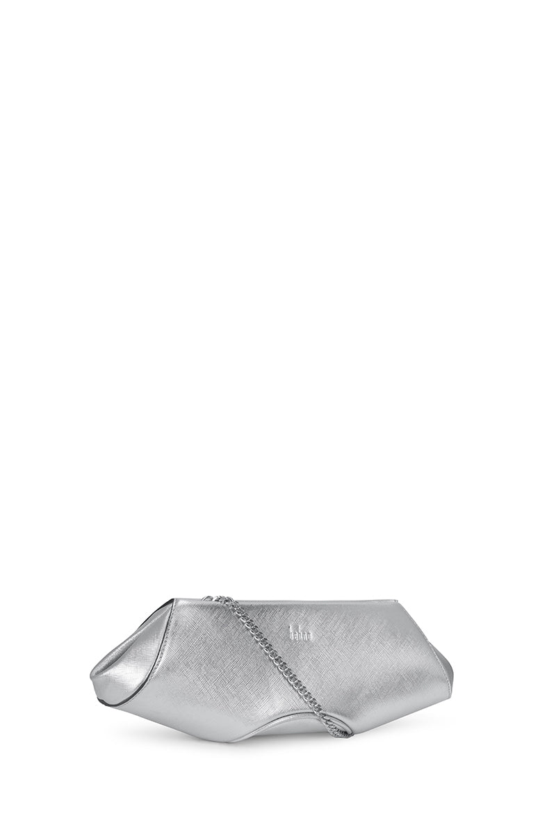 Silver Elizabeth Baguette Mini Clutch by behno New York, stylish small evening bag with sleek design and metallic finish.