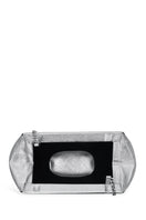Silver Elizabeth Baguette mini clutch by behno New York with sleek design and metallic finish, detailed view of the compact evening bag.