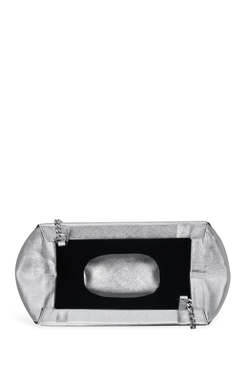 Silver Elizabeth Baguette mini clutch by behno New York with sleek design and metallic finish, detailed view of the compact evening bag.