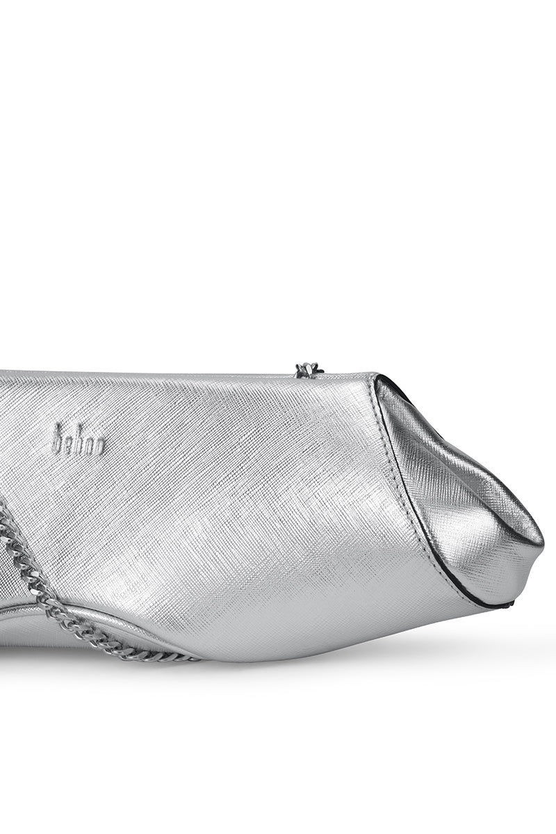 Silver Elizabeth Baguette mini clutch by behno New York with sleek design and metallic finish, perfect for evening events.