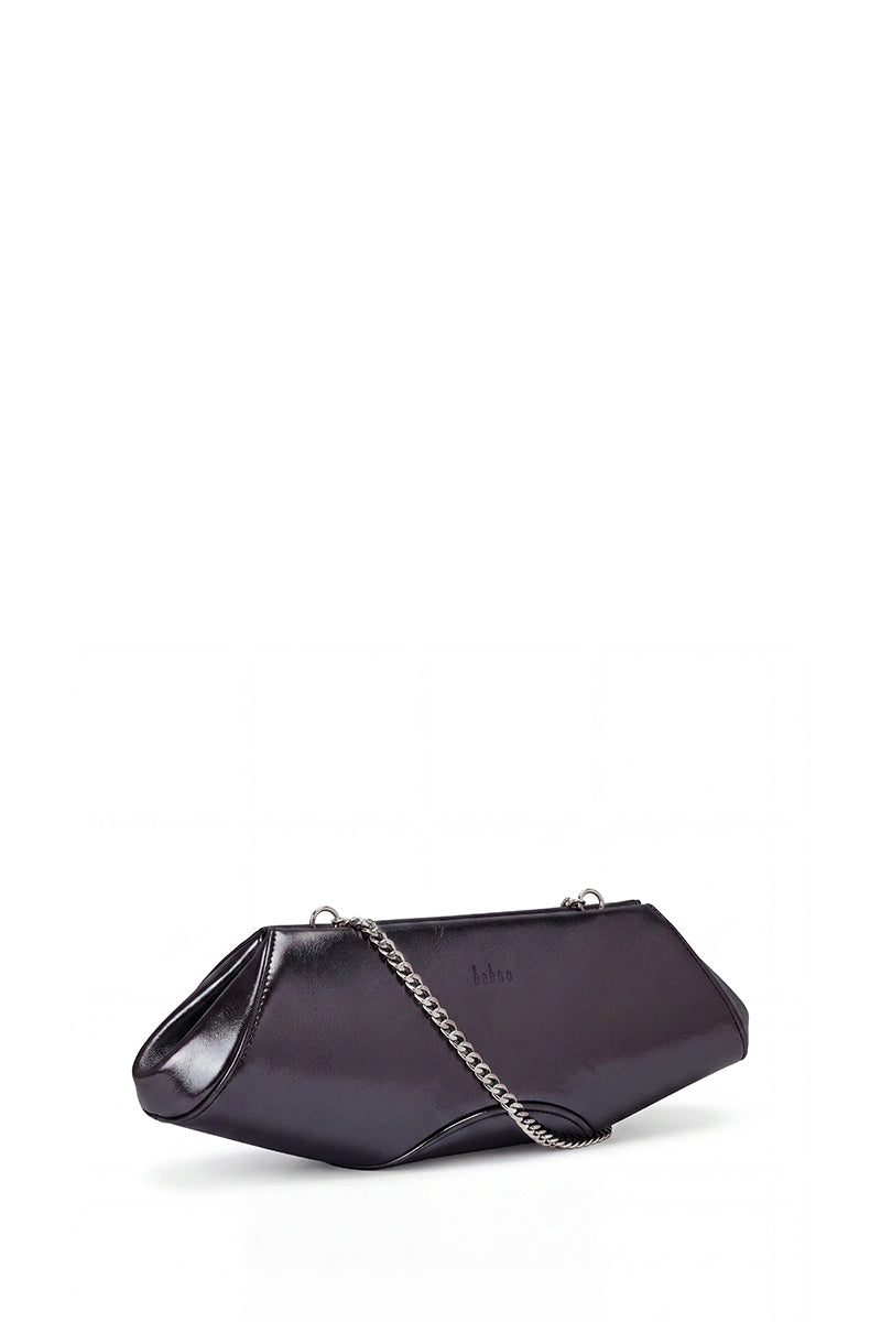 Behn New York Elizabeth Baguette Mini Clutch in hematite with sleek design and metallic finish, showing the compact, stylish accessory.