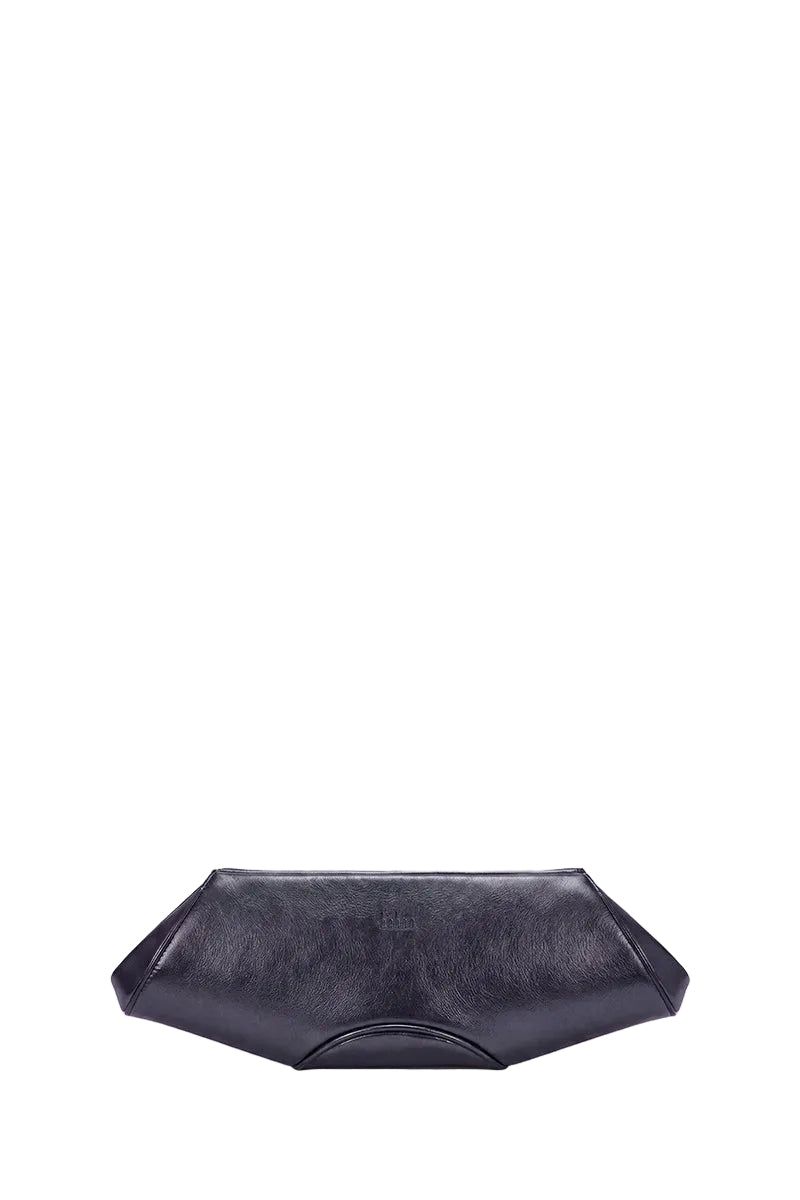 Behnó New York Elizabeth Baguette Mini Clutch in Hematite with sleek rectangular design and metallic finish, front view.