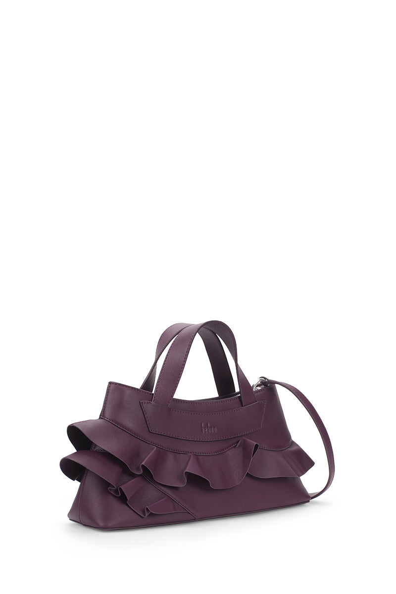 Behnò New York Franca Bag Ruffle Nappa in Cherry, a chic top handle bag with ruffle details and a vibrant cherry color.