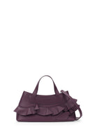 Back view of the behno New York Franca Bag Ruffle Nappa in cherry, a stylish top handle bag with ruffle details.