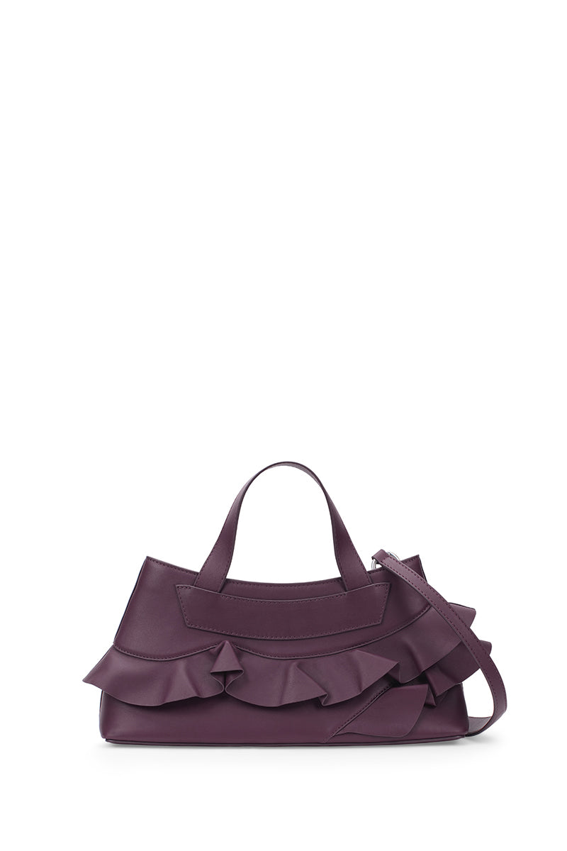 Back view of the behno New York Franca Bag Ruffle Nappa in cherry, a stylish top handle bag with ruffle details.