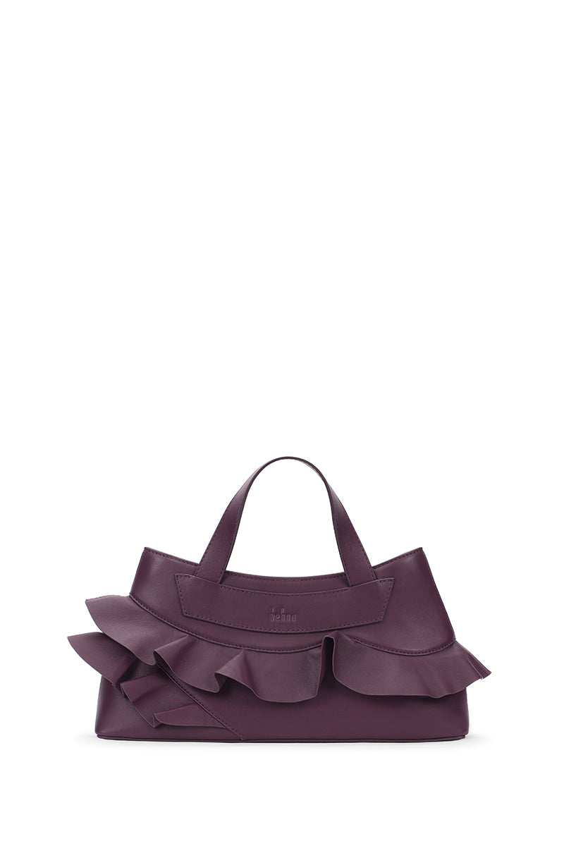 Front view of behno New York Franca Bag Ruffle Nappa in cherry, a stylish top handle bag with ruffle details.