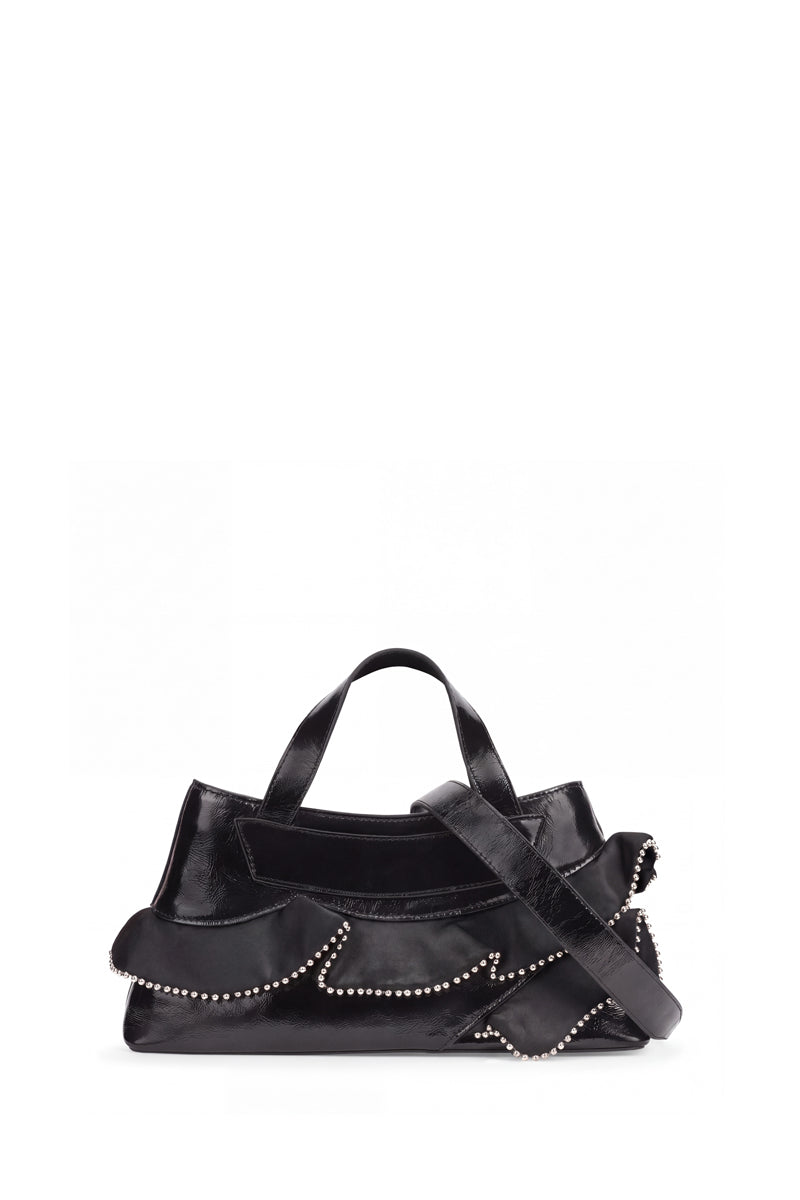 Black Behno New York Franca Bag with silk ruffle and crinkle texture, top handle design, elegant and stylish for everyday use
