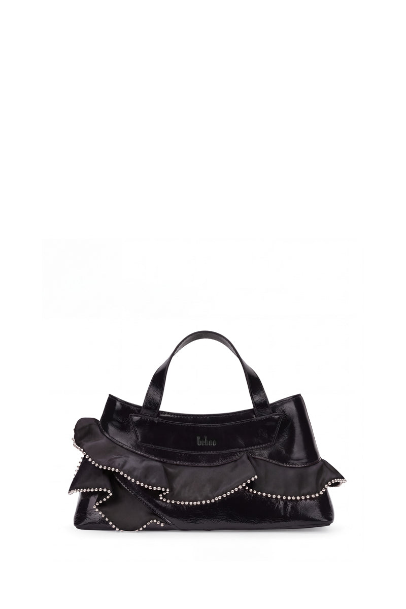 Black FRANCA Bag by behno New York, a silk top handle bag with ruffle and crinkle details, front view showing elegant design