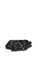 Black Elizabeth Baguette Mini Clutch by behno New York with ruffle silk and crinkle texture, stylish and compact for evening outings.