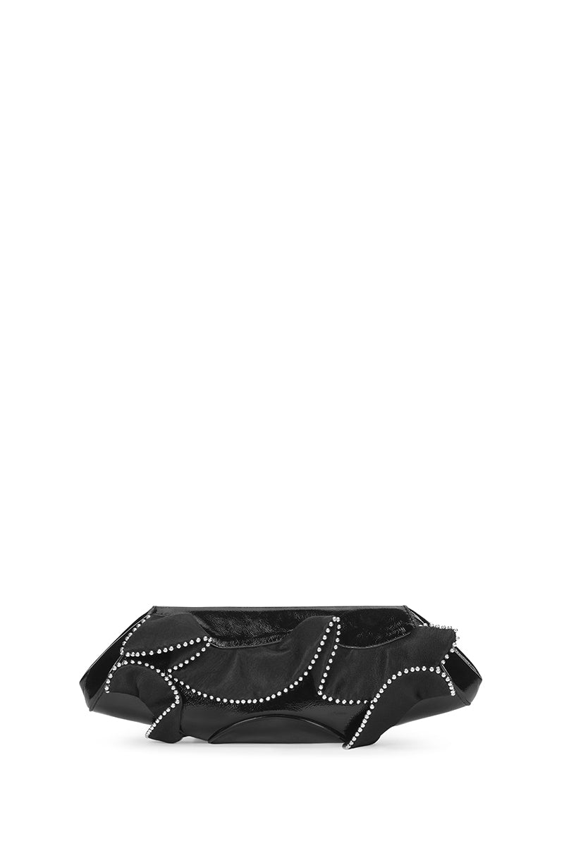 Black Elizabeth Baguette Mini Clutch by behno New York with ruffle silk and crinkle fabric, front view.