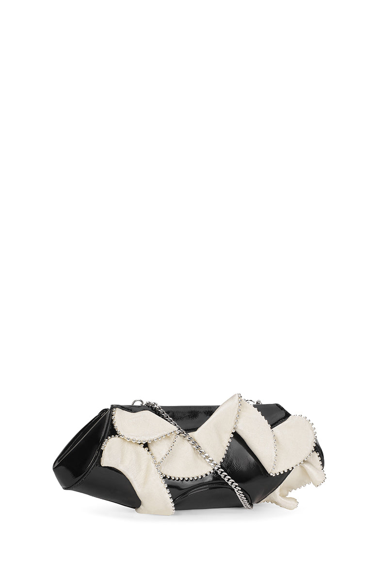 Behnò New York Elizabeth Baguette Mini Clutch in crinkled silk with ruffle detail, in Pumice and black, showing side view.